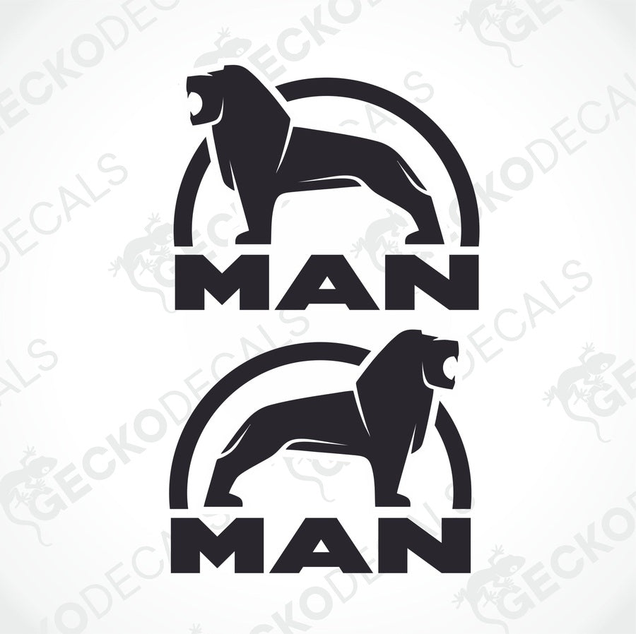 Two black and white decals featuring a lion silhouette within the letters 'MAN'. One for the 'M' and one for the 'N', designed for vehicle use.