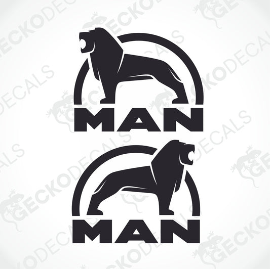 Two black and white decals featuring a lion silhouette within the letters 'MAN'. One for the 'M' and one for the 'N', designed for vehicle use.