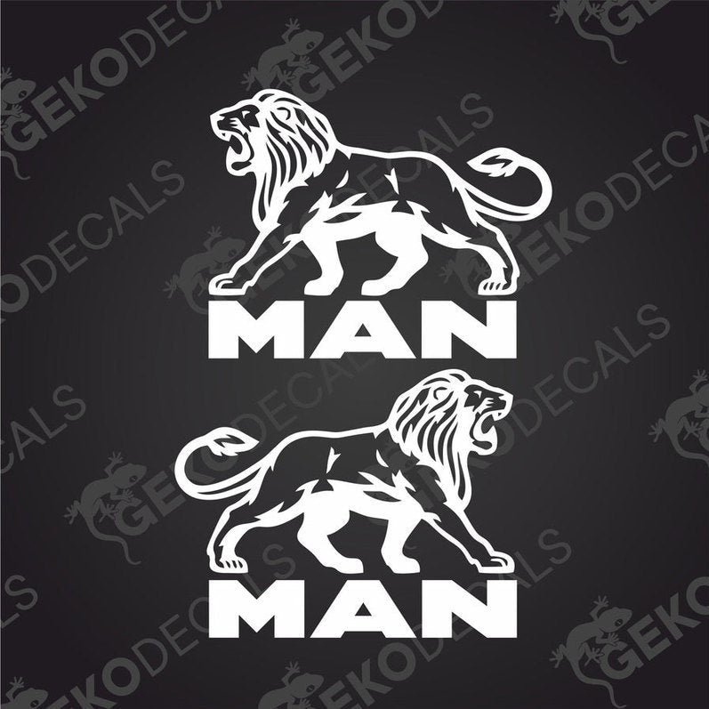 Two black and white stickers of a lion, one with the head up and the other with the head down, both with the word 'MAN' on top.