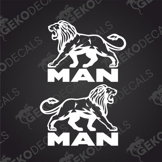 Two black and white stickers of a lion, one with the head up and the other with the head down, both with the word 'MAN' on top.