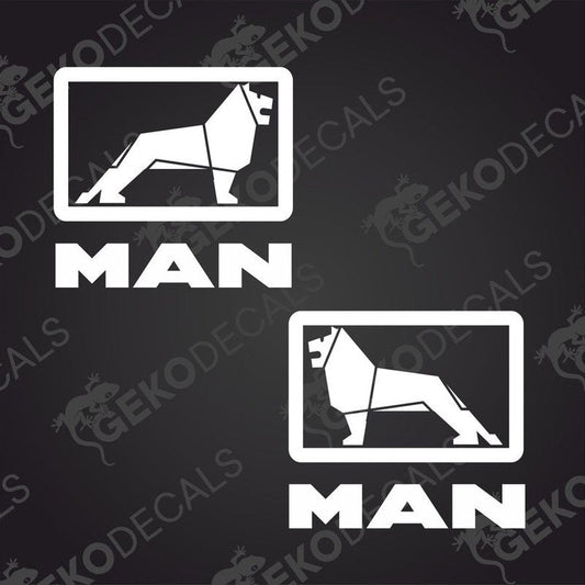 Two white decals with the 'MAN' brand logo, one depicting a lion in profile and the other showing a similar image but marked with the 'MAN' brand name.