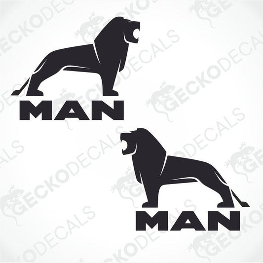 Two black decals with the word 'MAN' and illustrations of lions above the letters.