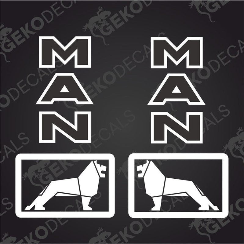 A set of white decals featuring the text 'MAN' in bold capital letters and the logo of a lion within a rectangle.