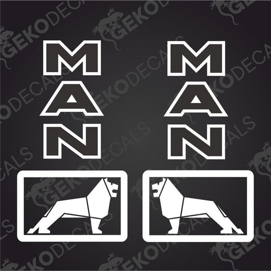 A set of white decals featuring the text 'MAN' in bold capital letters and the logo of a lion within a rectangle.