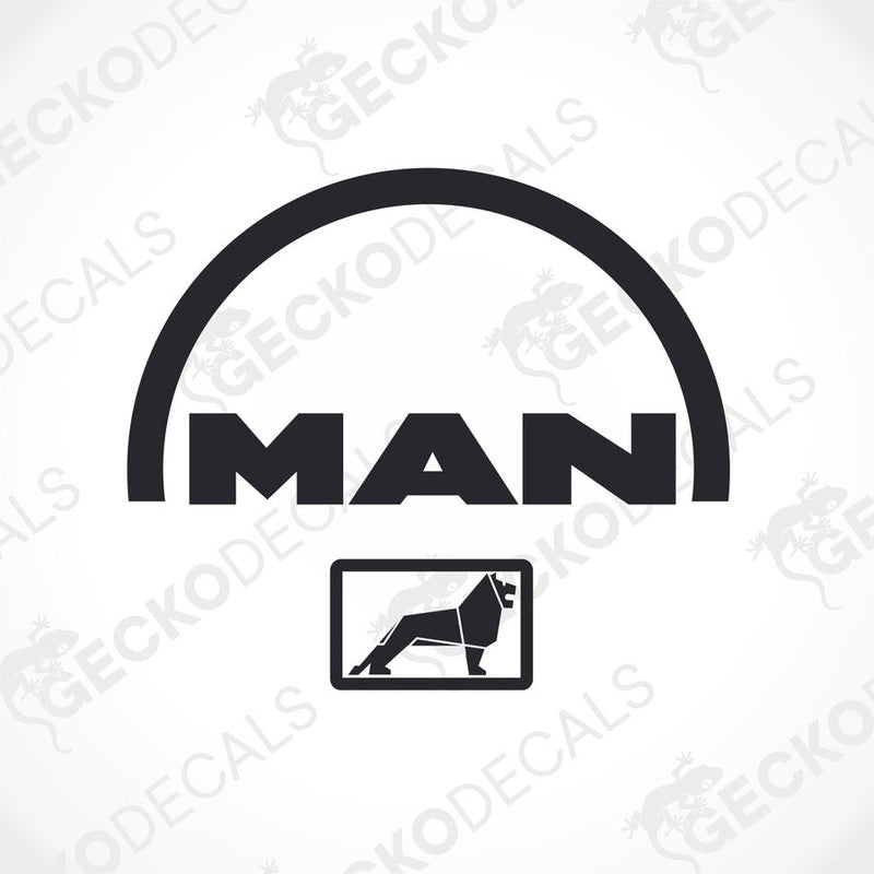 A black and white sticker with the 'MAN' brand logo and a silhouette of a truck, intended for use on vehicles or machinery.