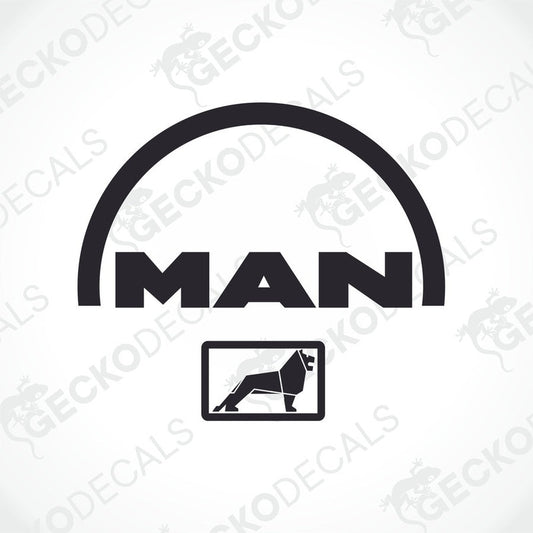 A black and white sticker with the 'MAN' brand logo and a silhouette of a truck, intended for use on vehicles or machinery.