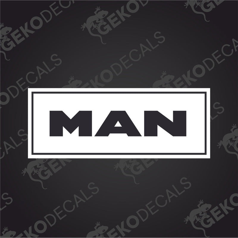 A black and white decal with the brand name 'MAN' written in bold capital letters, centered within a rectangular outline.