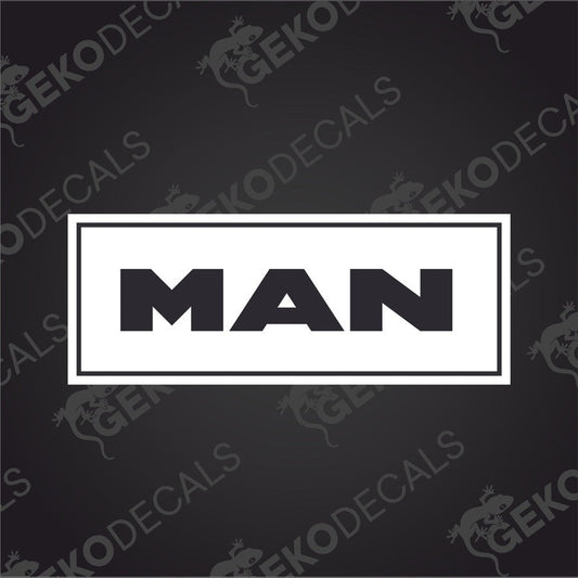 A black and white decal with the brand name 'MAN' written in bold capital letters, centered within a rectangular outline.