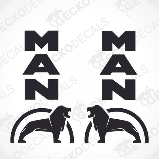 Two black decals with the word 'MAN' and illustrations of lions above the letters.