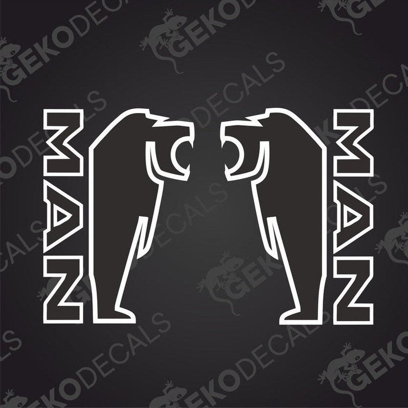 A black and white die cut sticker with the text 'MAN' and decorative elements resembling wings or horns on each side.