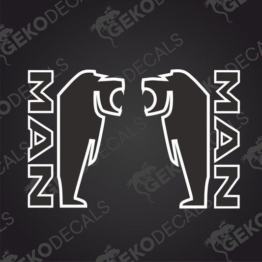 A black and white die cut sticker with the text 'MAN' and decorative elements resembling wings or horns on each side.