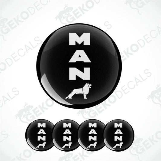 A set of black vinyl decals with the text 'MAN' and an image of a dog, presented in a round shape resembling a domed sticker.
