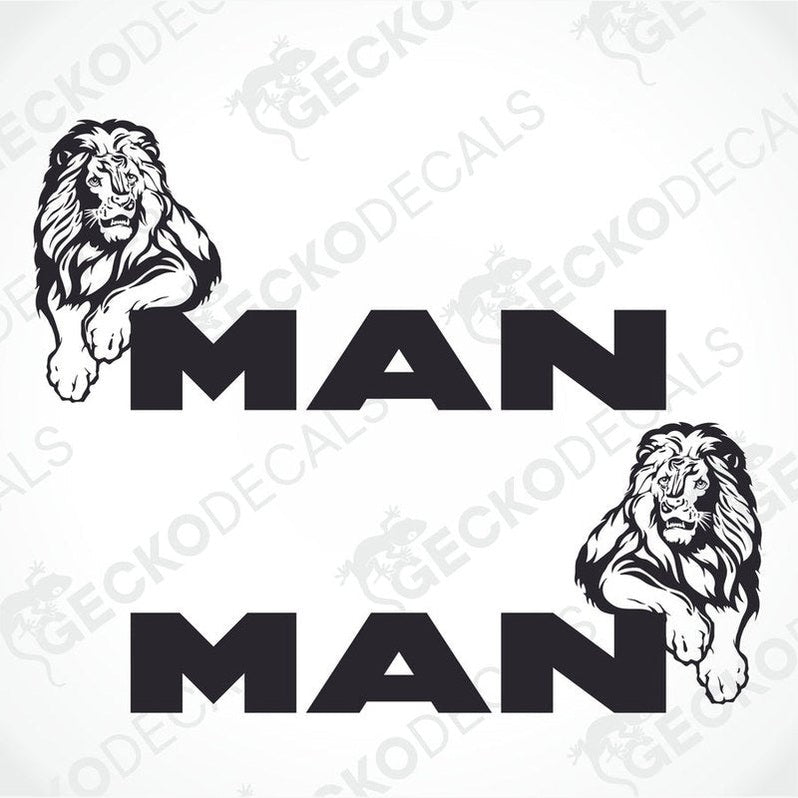 Two black and white stickers with a lion design and the word 'MAN' displayed on a white background.