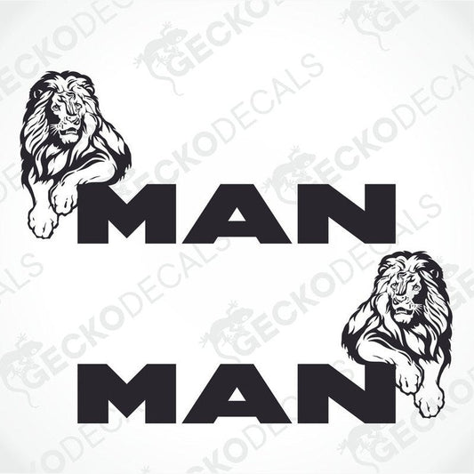 Two black and white stickers with a lion design and the word 'MAN' displayed on a white background.