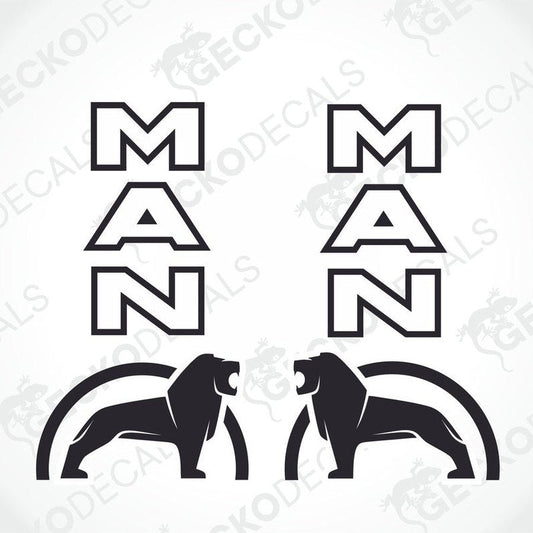 Two black decals with the word 'MAN' and illustrations of lions above the letters.