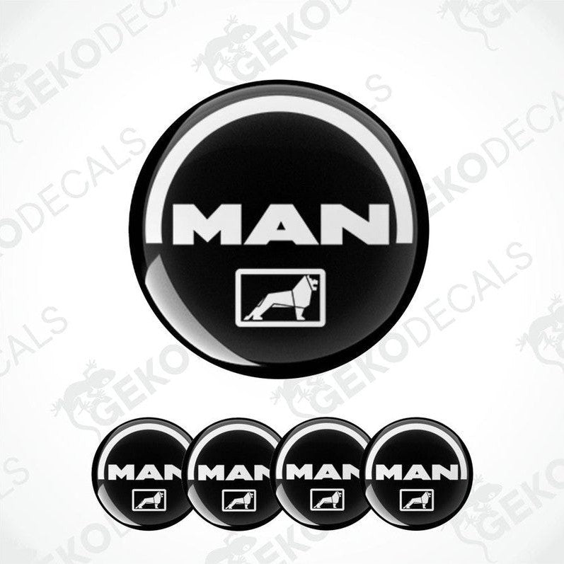 A set of four black vinyl stickers with the word 'MAN' and an illustration of a horse. The stickers have a glossy finish.