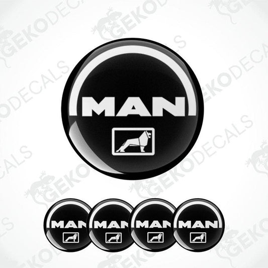 A set of four black vinyl stickers with the word 'MAN' and an illustration of a horse. The stickers have a glossy finish.