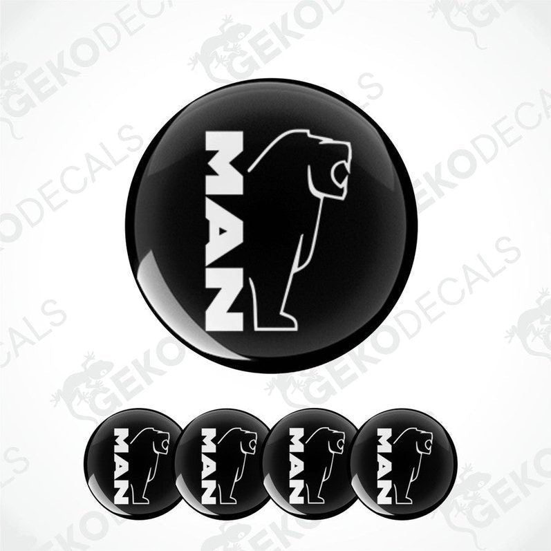 A set of black vinyl decals with the text 'MAN' and a silhouette of a bear, arranged in a row.