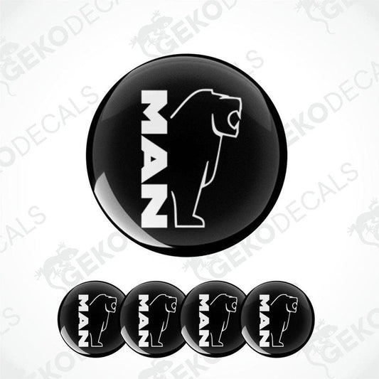 A set of black vinyl decals with the text 'MAN' and a silhouette of a bear, arranged in a row.