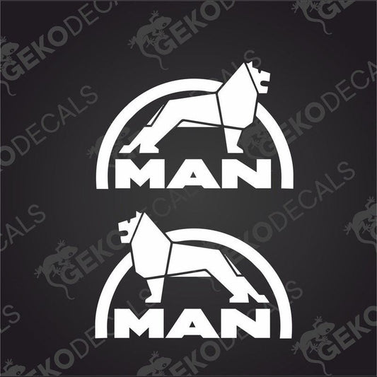 Two white stickers with the 'MAN' brand logo, one with a lion silhouette and the other with a truck, against a black background.