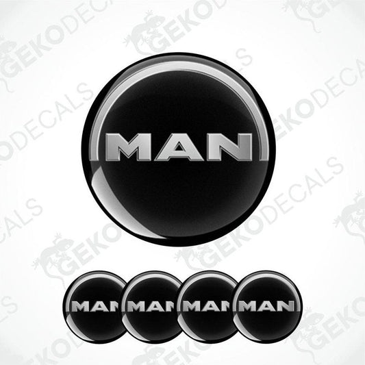 Set of four black vinyl decals with the brand name 'MAN' in white letters.