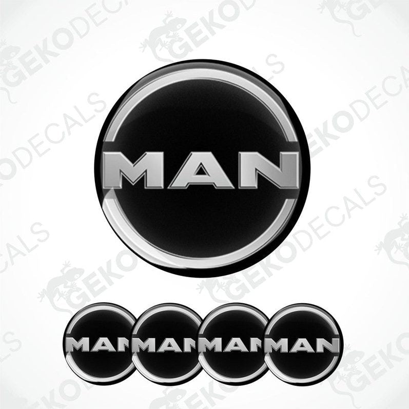 A set of black, silver, and white vinyl decals with the brand name 'MAN' on them, designed for vehicle use.