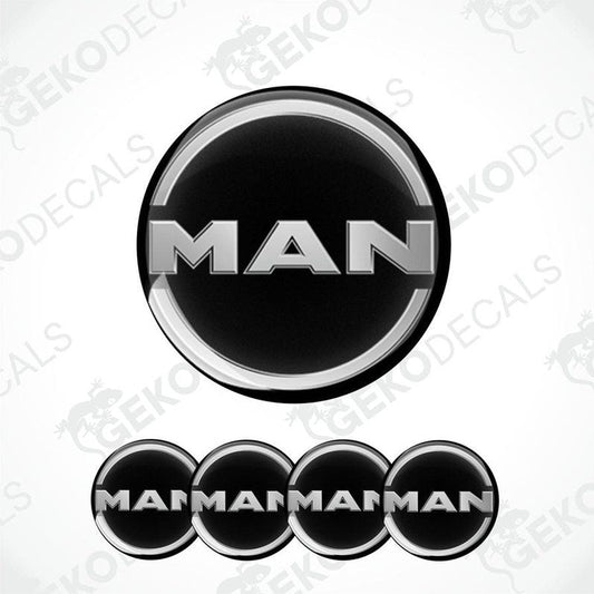 A set of black, silver, and white vinyl decals with the brand name 'MAN' on them, designed for vehicle use.