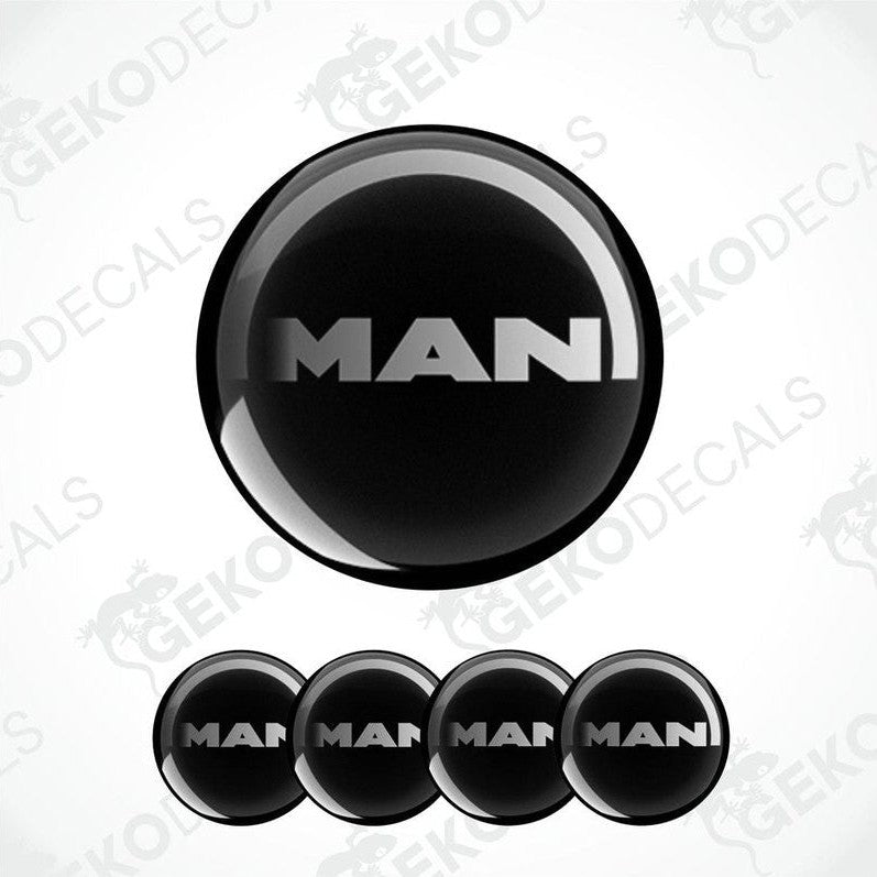 A set of four black vinyl stickers with the word 'MAN' in white text, arranged in a circular pattern.
