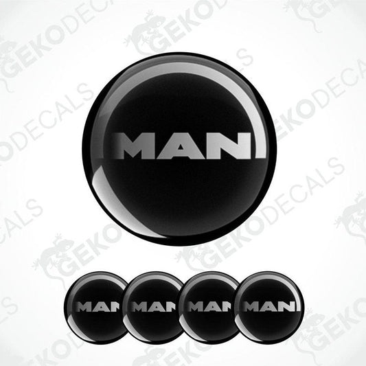 A set of four black vinyl stickers with the word 'MAN' in white text, arranged in a circular pattern.
