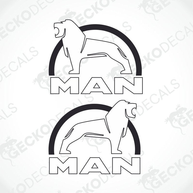 Two black and white vehicle decals featuring the silhouette of a lion within a circle, with the word 'MAN' written above.