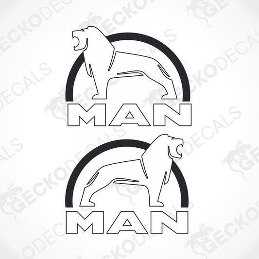 Two black and white vehicle decals featuring the silhouette of a lion within a circle, with the word 'MAN' written above.