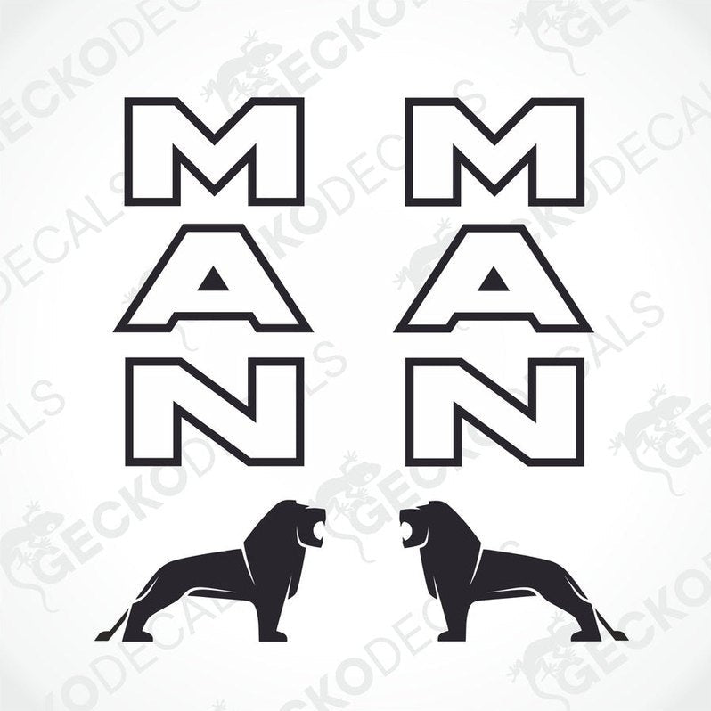 Two black decals with the word 'MAN' and illustrations of lions above the letters.