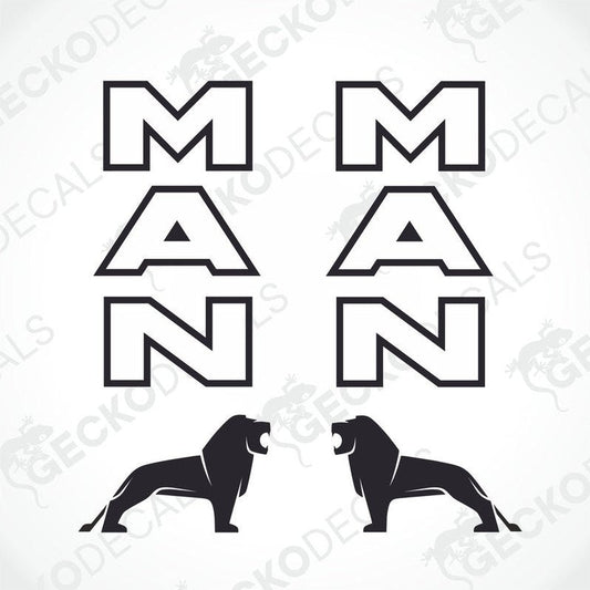 Two black decals with the word 'MAN' and illustrations of lions above the letters.