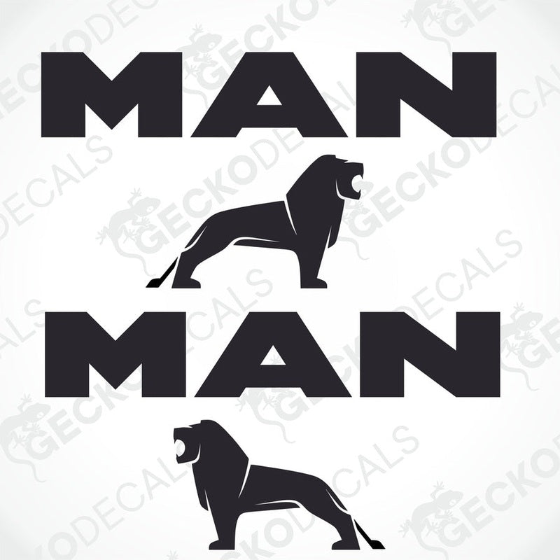 Two black decals with the word 'MAN' on top of a lion graphic.