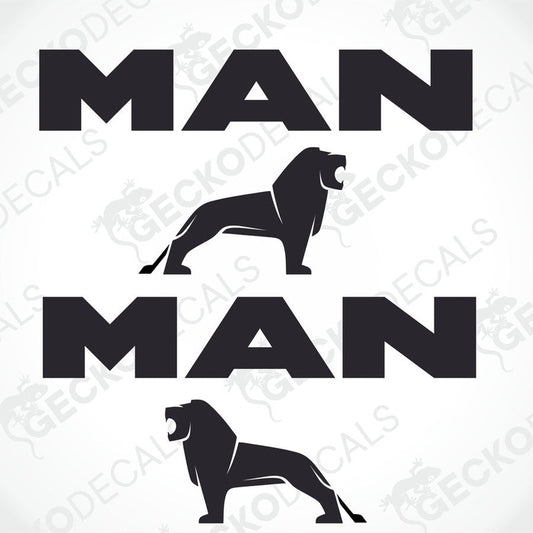 Two black decals with the word 'MAN' on top of a lion graphic.