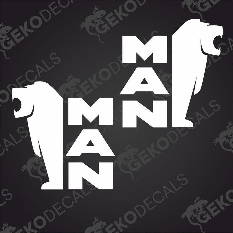 A white decal with the brand name 'MAN' in bold letters, designed for use on vehicles or equipment.