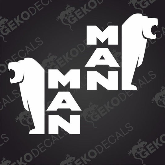 A white decal with the brand name 'MAN' in bold letters, designed for use on vehicles or equipment.