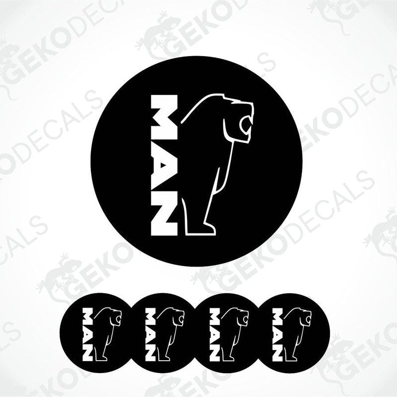 A set of black vinyl decals with the text 'MAN' and a silhouette of a bear, arranged in a row.