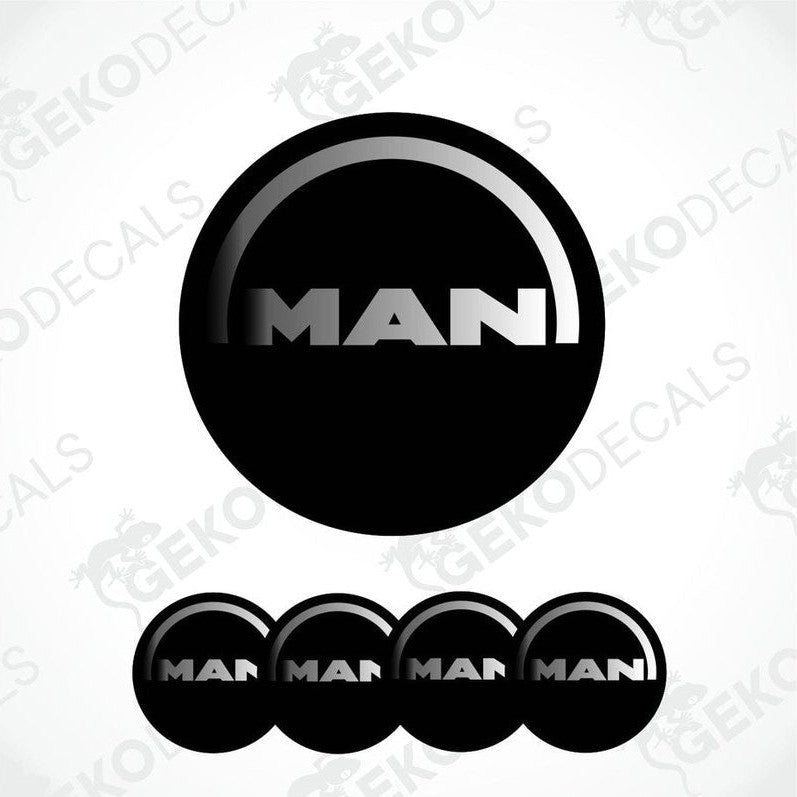 A set of four black vinyl stickers with the word 'MAN' in white text, arranged in a circular pattern.