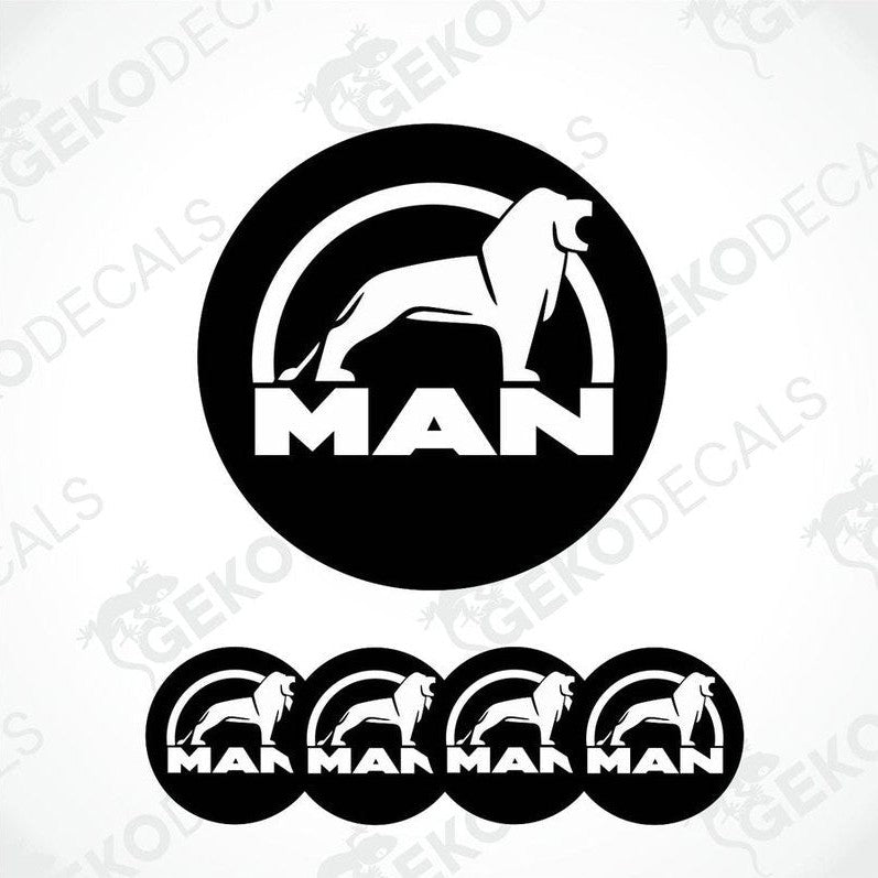 A set of four round vinyl stickers with a design featuring the letters 'MAN' and an illustration of a lion.