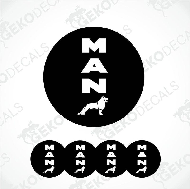 A set of black vinyl decals with the text 'MAN' and an image of a dog, presented in a round shape resembling a domed sticker.