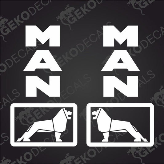 A set of white decals with the letters 'MAN' and a lion logo, typically used on vehicles.