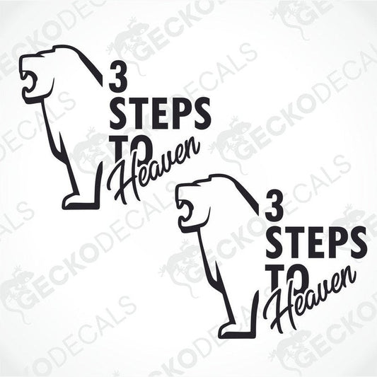 Two black and white sticker designs featuring the text '3 Steps to Heaven' in stylized lettering, suitable for vehicle decals.