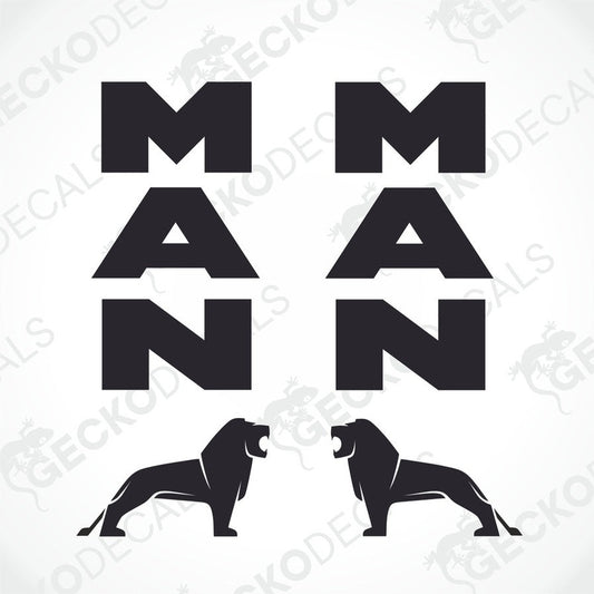 A set of black decals featuring the word 'MAN' in capital letters and the silhouette of two lions.