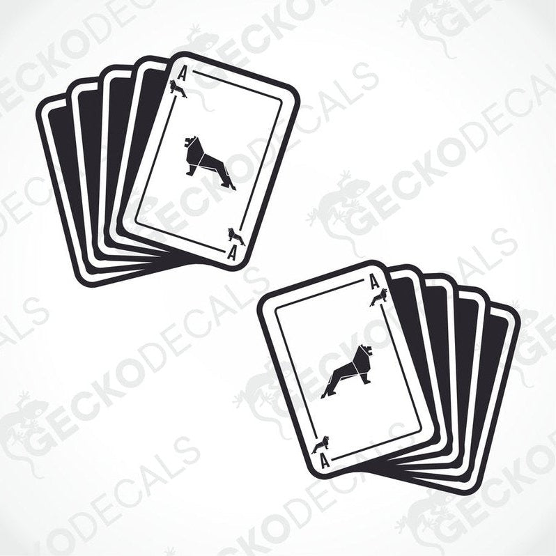 Two black and white vehicle decals depicting a stack of playing cards with a silhouette of a dog on the face card, delivered on transfer paper.