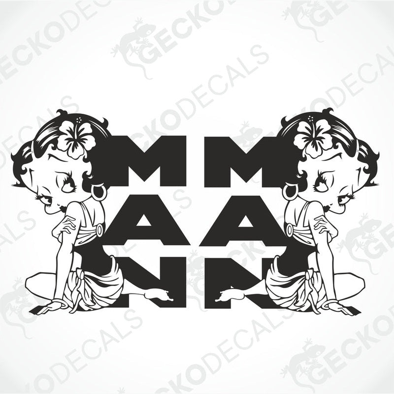 A pair of black and white die cut decals featuring an animated character resembling Betty Boop, designed to be affixed to surfaces as decoration.