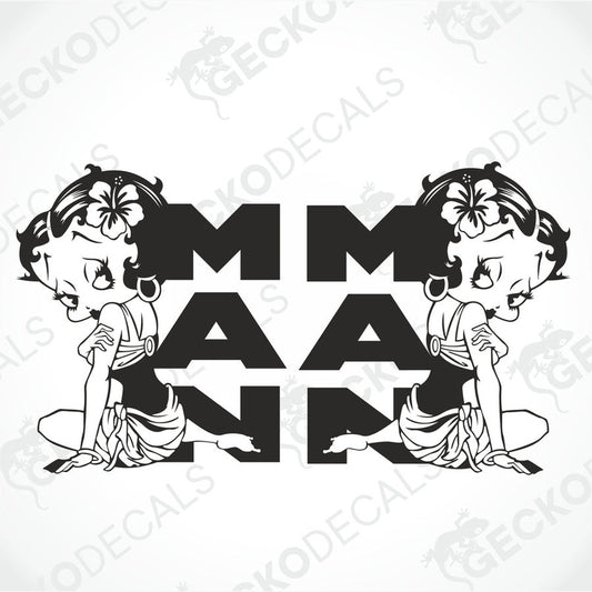 A pair of black and white die cut decals featuring an animated character resembling Betty Boop, designed to be affixed to surfaces as decoration.