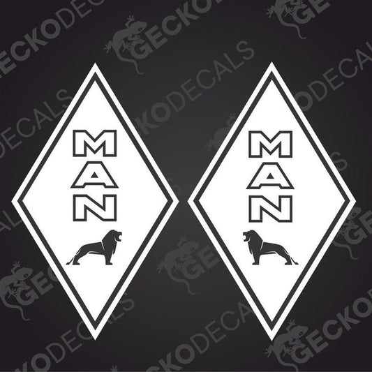Two white vehicle decals, one with the word 'MAN' and a diamond shape, and the other with a lion dog graphic, both on a black background with 'GECKODECALS' text.