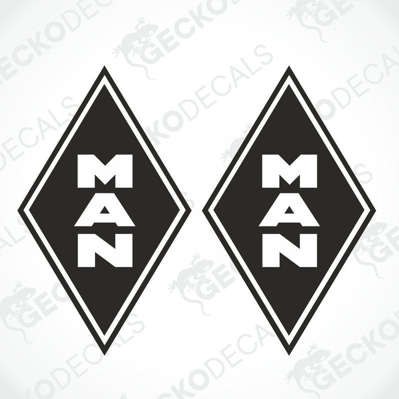 Two black diamond-shaped vehicle decals with the word 'MAN' in capital letters