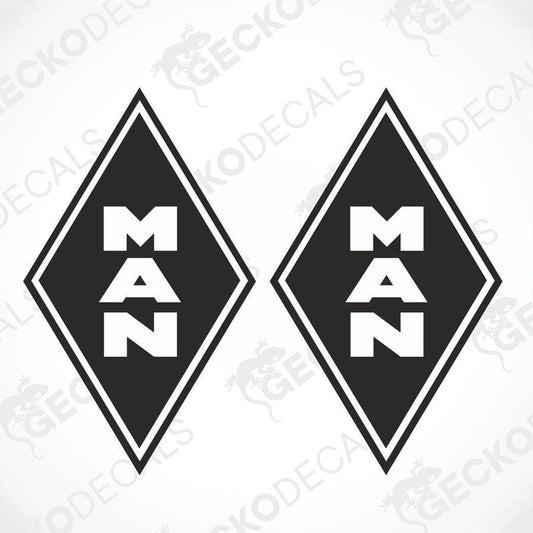 Two black diamond-shaped vehicle decals with the word 'MAN' in capital letters